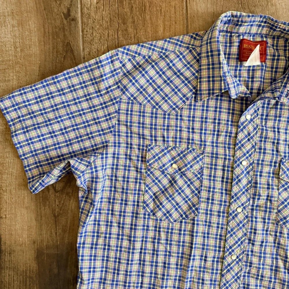 Wrangler Rustler VTG Western Plaid Single‎ Stitch Snap SS Shirt,Blue Yellow,XLT